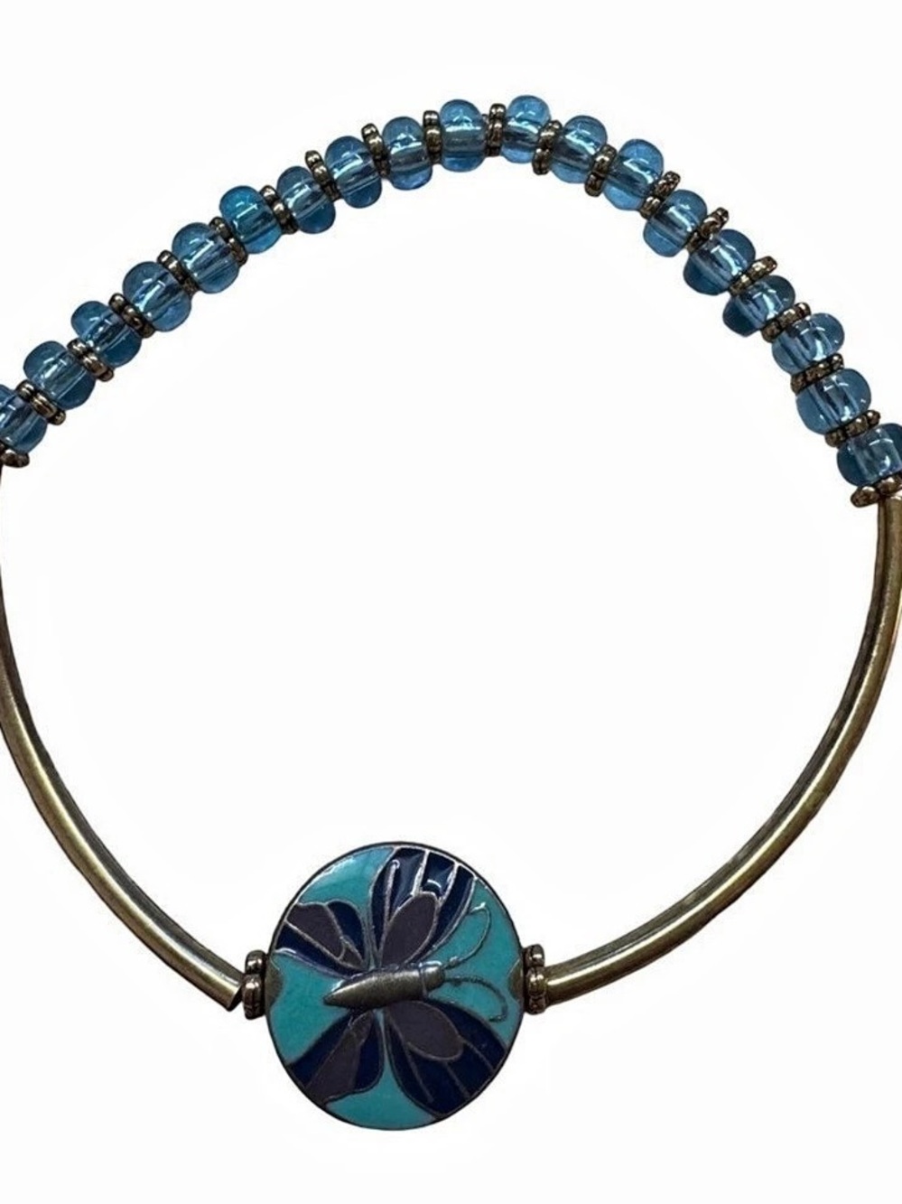 ⁠Blue Enamel Butterfly Focal Bead Stretch Bracelet Light Blue Glass Beads⁠ Boho